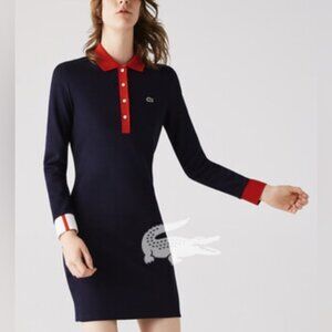 Lacoste Long Sleeve Pique Polo Dress with Red and White details. Made in France